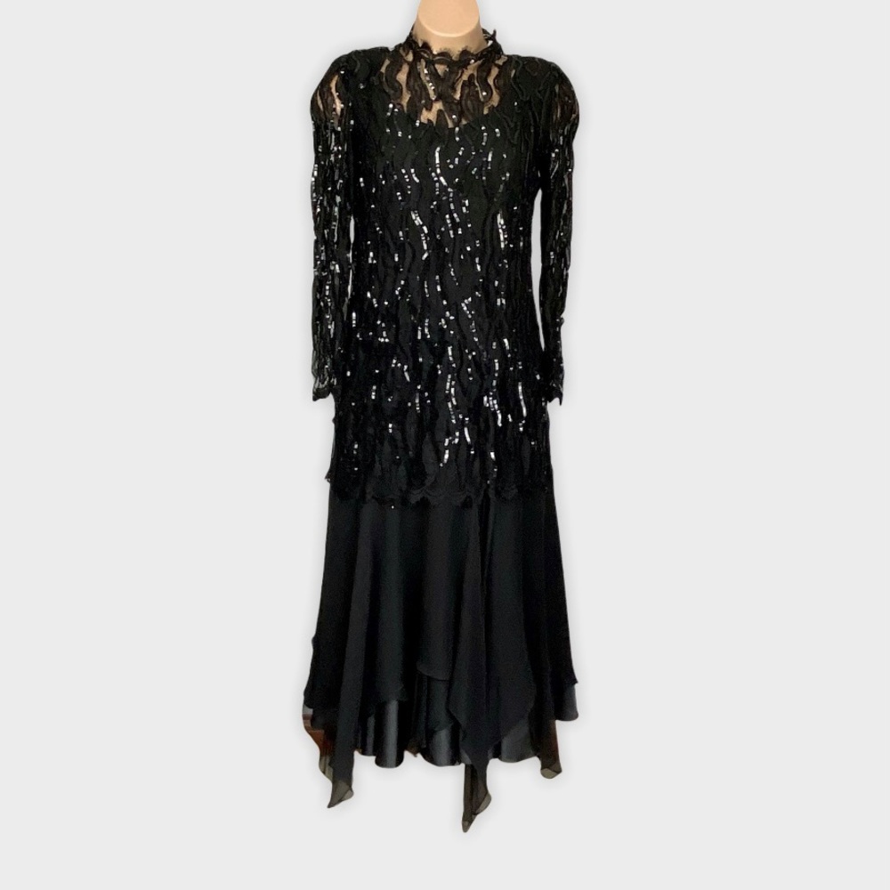 Rina diMontella Black Sequin Evening Dress